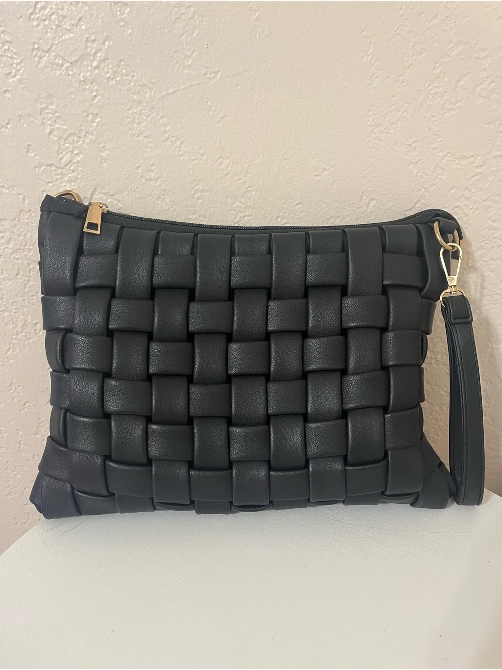 Woven Vegan Leather Black Wristlet Clutch Crossbody